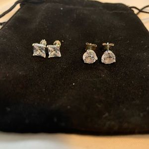 2 pair diamond studs, 1 square, 1 round